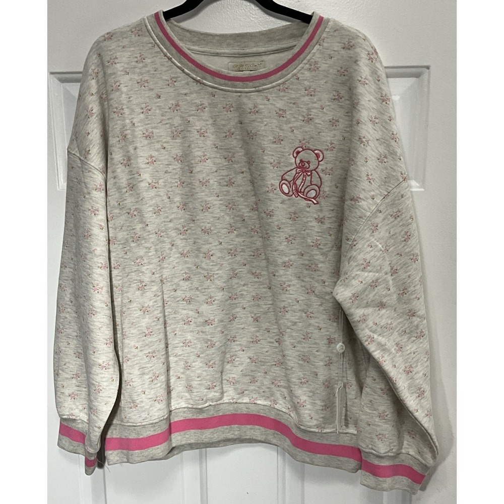 Simply Southern Floral Teddy Bear Love Graphic Sweatshirt Pink Gray Large CON90